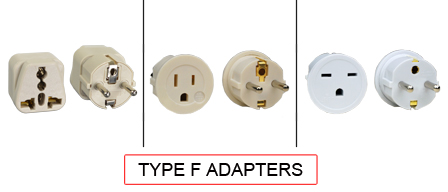 TYPE F Adapters are used in the following Countries:
<br>
Primary Country known for using TYPE F Adapters is Austria, Egypt, Finland, Germany, Greece, Hungary, Iceland, Indonesia, Korea, Netherlands, Norway, Portugal, Slovenia, Spain, Sweden, Turkey, Ukraine, Vietnam.

<br>Additional Countries that use TYPE F adapters are 
Albania, Andorra, Angola, Armenia, Azerbaijan, Belarus, Bosnia & Herzegovina, Bulgaria, Cape Verde, Chad, Croatia, Eritrea, Estonia, Georgia, Guinea, Guinea-Bissau, Iran, Jordan, Kazakhstan, Kyrgyzstan, Laos, Latvia, Lithuania, Luxembourg, Macedonia, Mauritania, Moldova, Montenegro, Netherlands Antilles, New Caledonia, Niger, Paraguay, Romania, Russia, San Marino, So Tom & Principe, Serbia, Suriname, Tajikistan, Turkmenistan, Uzbekistan.

<br><font color="yellow">*</font> Additional Type F Electrical Devices:


<br><font color="yellow">*</font> <a href="https://internationalconfig.com/icc6.asp?item=TYPE-F-PLUGS" style="text-decoration: none">Type F Plugs</a> 

<br><font color="yellow">*</font> <a href="https://internationalconfig.com/icc6.asp?item=TYPE-F-CONNECTORS" style="text-decoration: none">Type F Connectors</a> 

<br><font color="yellow">*</font> <a href="https://internationalconfig.com/icc6.asp?item=TYPE-F-OUTLETS" style="text-decoration: none">Type F Outlets</a> 

<br><font color="yellow">*</font> <a href="https://internationalconfig.com/icc6.asp?item=TYPE-F-POWER-CORDS" style="text-decoration: none">Type F Power Cords</a>

<br><font color="yellow">*</font> <a href="https://internationalconfig.com/icc6.asp?item=TYPE-F-POWER-STRIPS" style="text-decoration: none">Type F Power Strips</a>

<br><font color="yellow">*</font> <a href="https://internationalconfig.com/worldwide-electrical-devices-selector-and-electrical-configuration-chart.asp" style="text-decoration: none">Worldwide Selector. View all Countries by TYPE.</a>

<br>View examples of TYPE F adapters below.